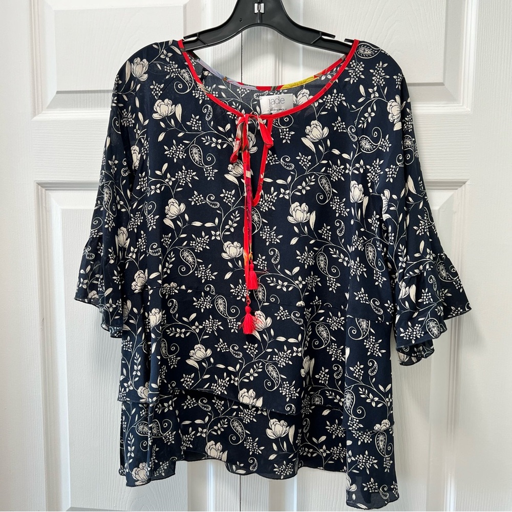 NWT JOHNNY WAS Jade Floral silk top Sz M Blue white tunic blouse